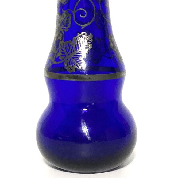 Vintage COBALT BLUE Hand Blown Gilded Art Glass Bud Vase Genie Bottle 8 in Tall - Picture 7 of 12